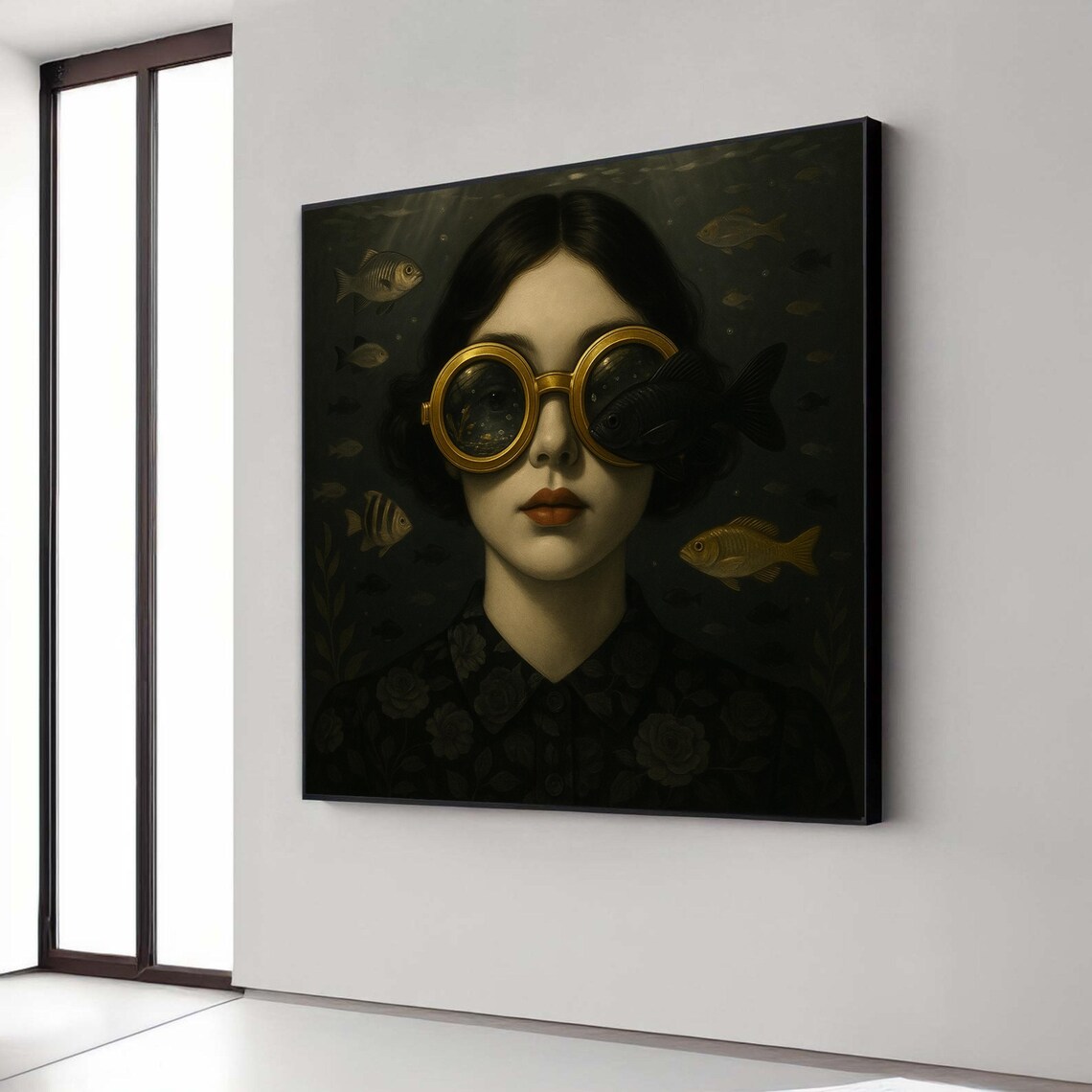 Surreal Vintage Woman With Gold Goggles And Fish Dark Portrait Print