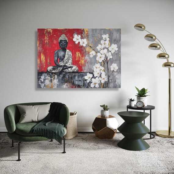 Meditating Buddha White Orchids Canvas Print Red Grey Gold Leaf Art Modern Spiritual Zen Floral Wall Decor Peaceful Dhyana Mudra