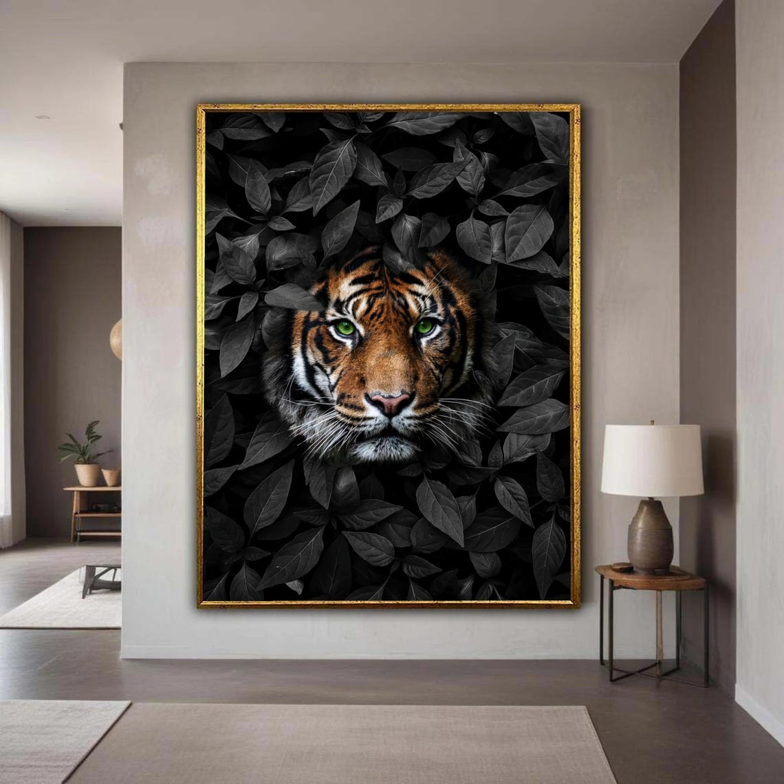 Tiger Green Eyes Dark Foliage Dramatic Jungle Wildlife Art Poster