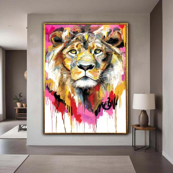 Vibrant Lion Portrait Canvas Abstract Animal Wall Art Colorful Wildlife Painting Modern Jungle Decor Ready To Hang Gift Home