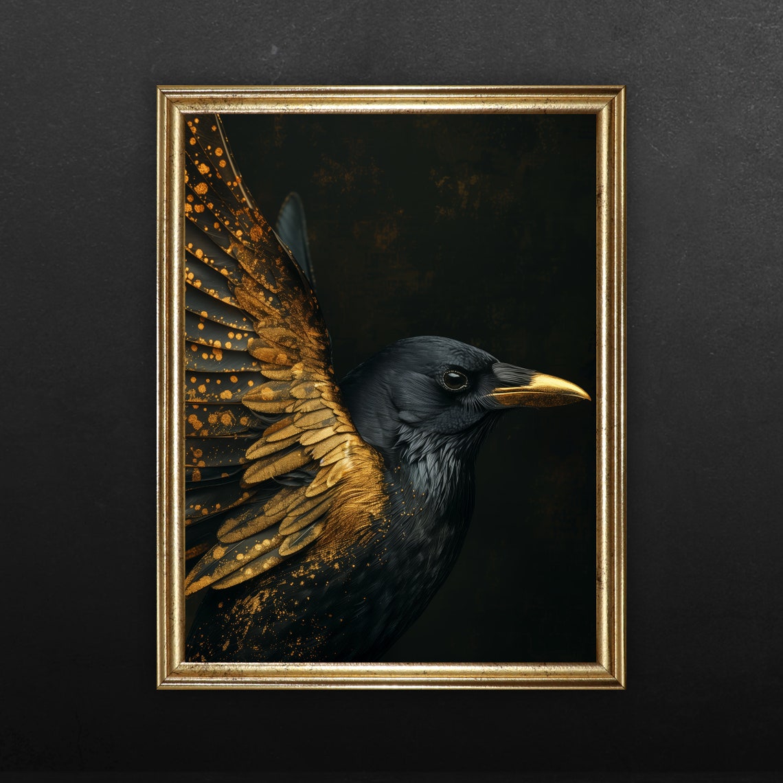 Dramatic Black Bird with Gold-Dusted Wings and Beak on Black Poster - Image 2