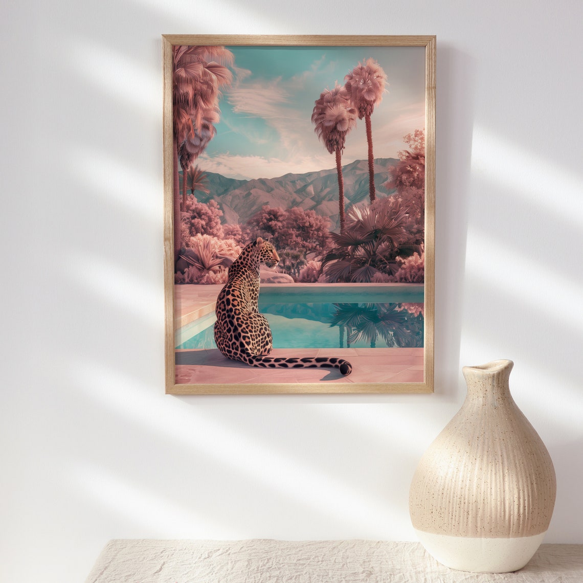 Dreamy Leopard Sitting at a Pool Overlooking Pink Palms Poster - Image 2
