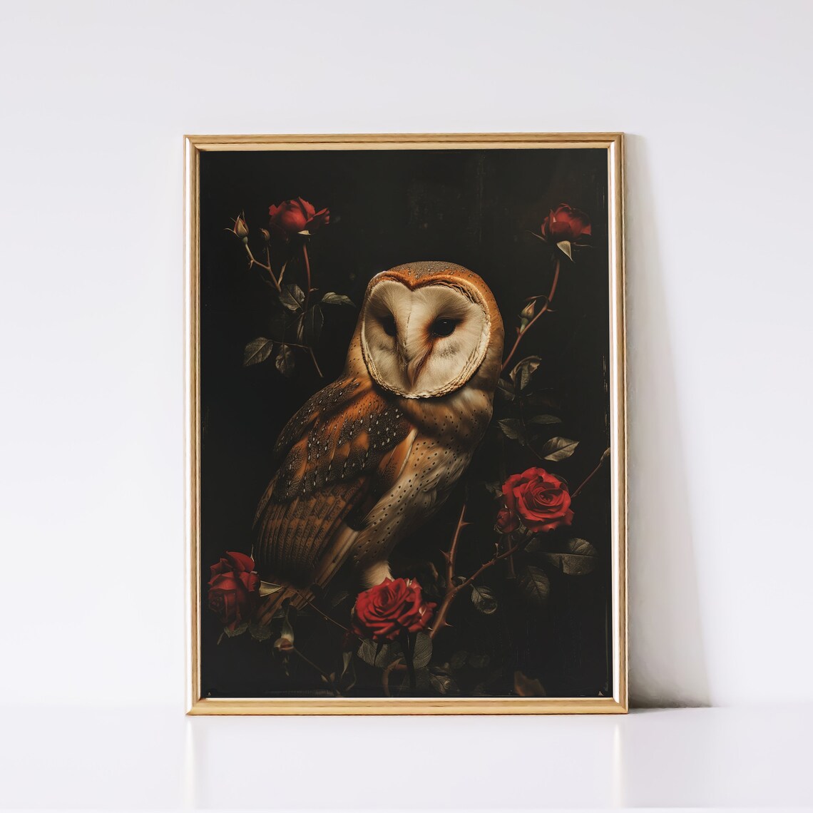 Golden Barn Owl with Red Roses on a Dark Moody Floral Art Poster - Image 2