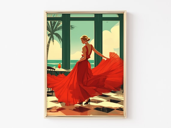 Glamorous Woman in a Flowing Red Dress Dancing by the Sea Poster