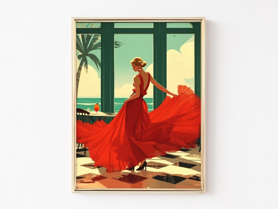 Retro Wall Art Vintage Poster Woman In Red Dress Dancing Art Print