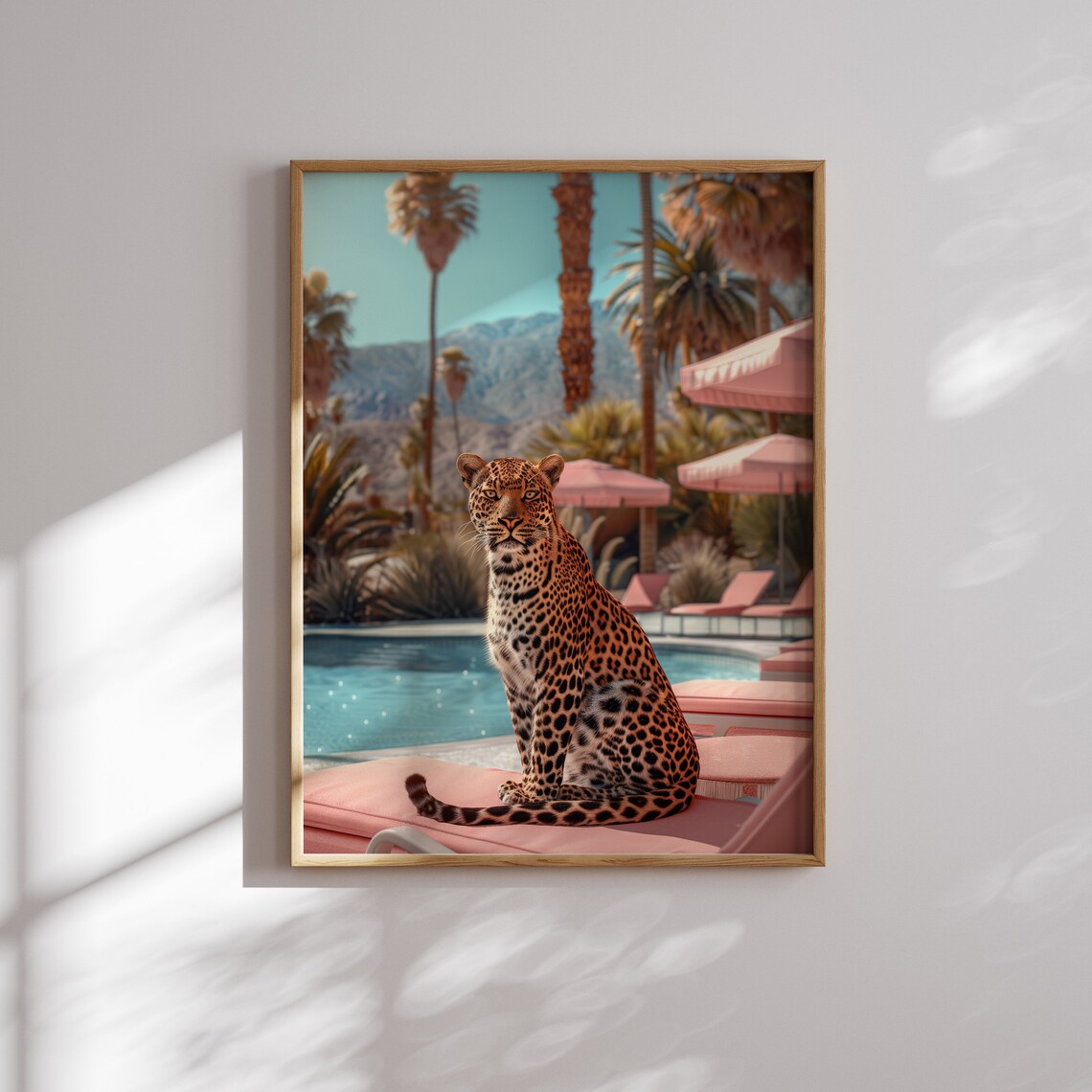 Glamorous Leopard Perched on a Pink Poolside Lounger Palm Springs Poster - Image 2
