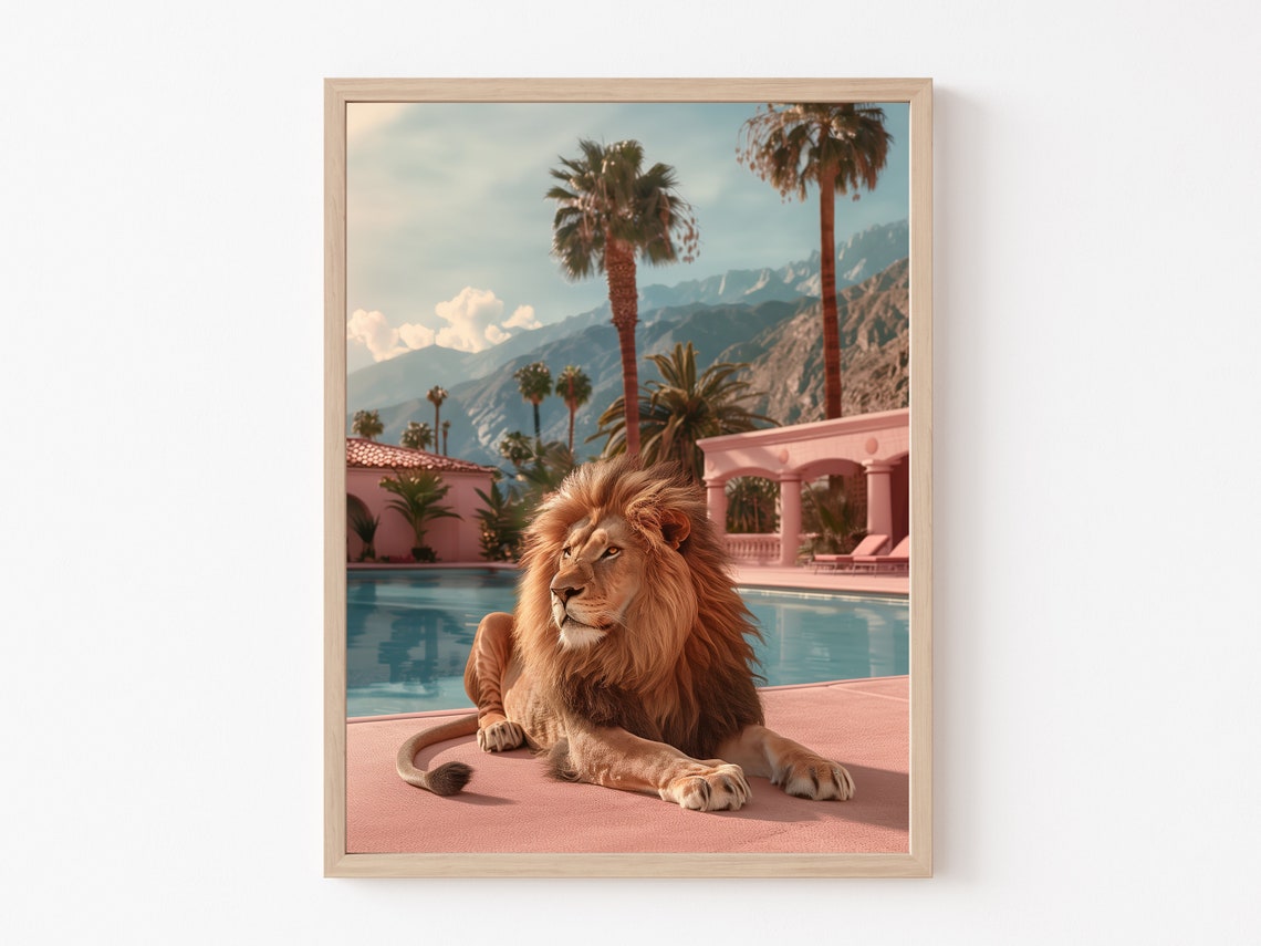 Regal Lion Resting on Pink Stone by a Resort Pool with Palms Poster