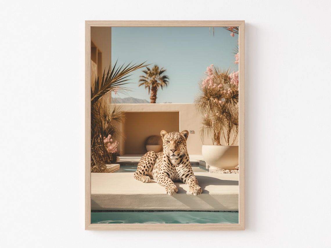 Leopard Lounging By Desert Villa Pool With Palm Trees Wall Art