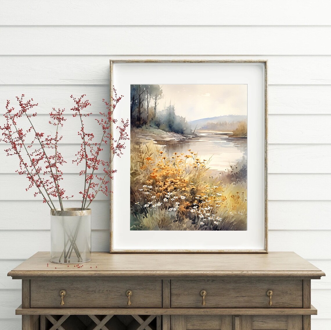Golden Meadow Wildflowers Beside a Quiet River Watercolor Poster - Image 2
