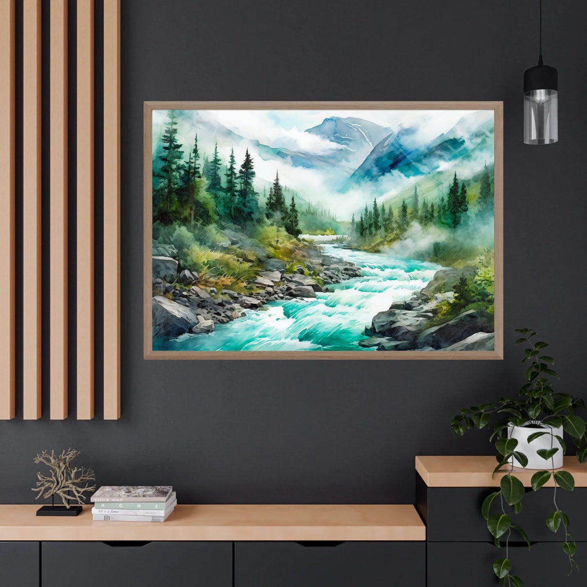 Turquoise Mountain River Rapids Evergreen Forest Watercolor Poster - Image 5