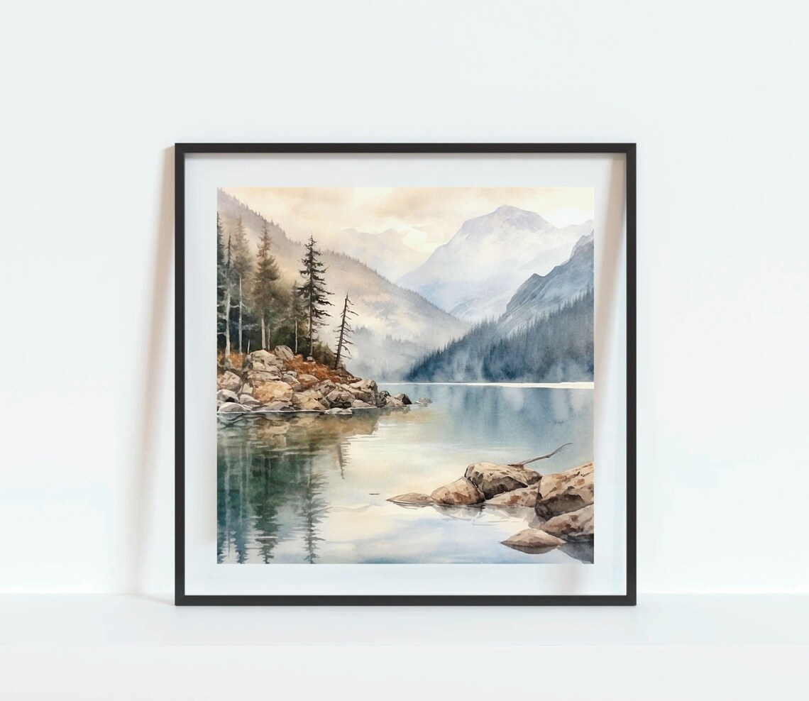 Neutral Mountain Lake with Rocky Shoreline Watercolor Landscape Poster - Image 3