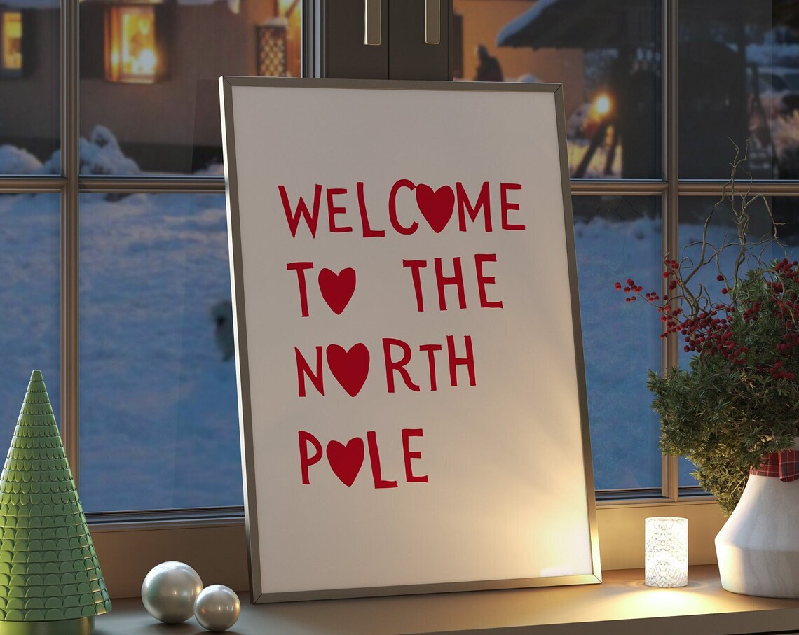 Welcome To The North Pole Red Heart Letters Christmas Holiday Poster - Image 2