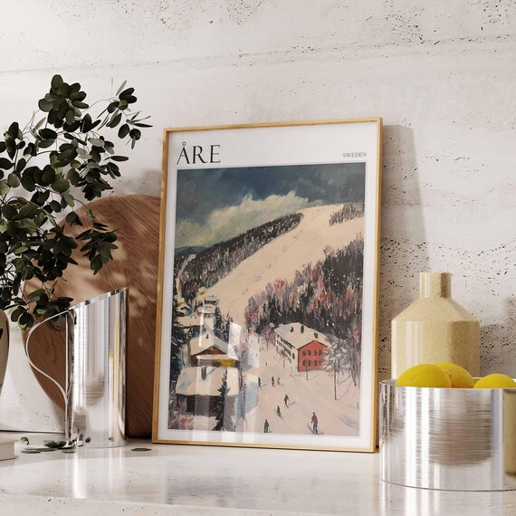 Are Sweden Vintage Ski Village Snow Slopes Winter Scene Poster