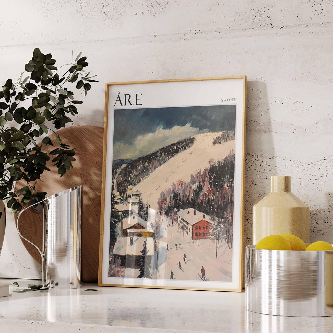 Are Sweden Vintage Ski Village Snow Slopes Winter Scene Poster