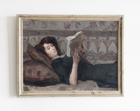 Woman Reclining Reading a Book Impressionist Oil Painting Wall Poster