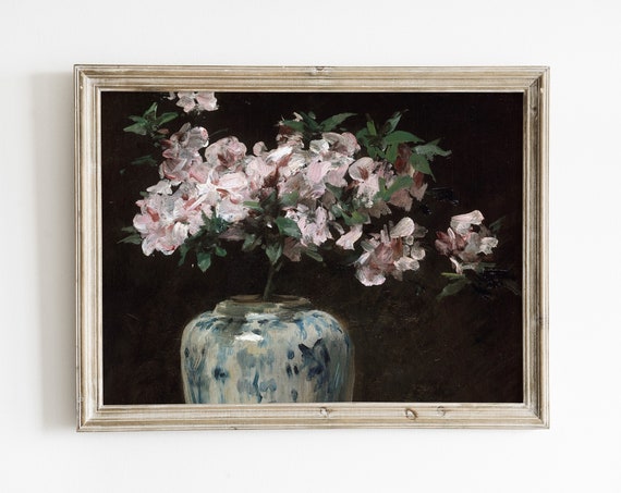 Vintage Flower Painting Azalea Art Antique Flower Bouquet Wall Art Print Floral Prints Vintage Flower Art Print Moody Art