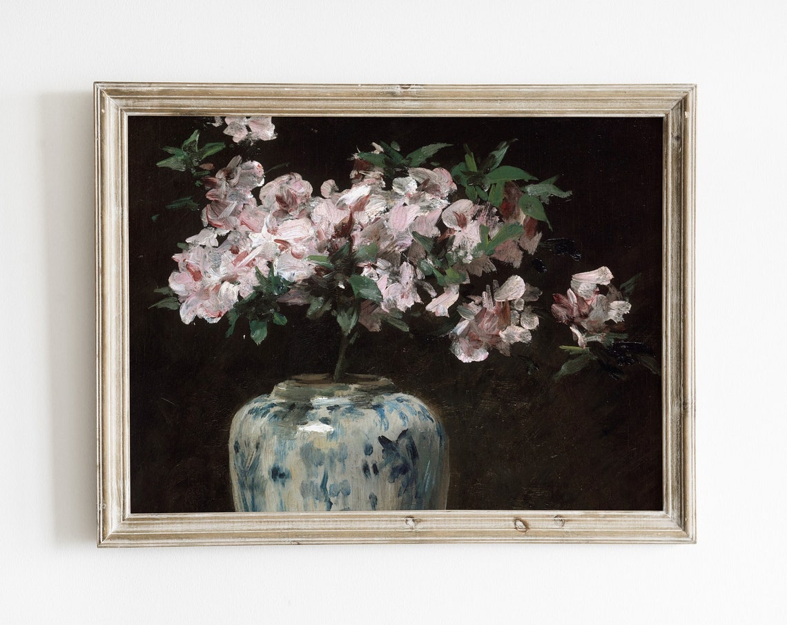 Vintage Flower Painting Azalea Art Antique Flower Bouquet Wall Art Print Floral Prints Vintage Flower Art Print Moody Art