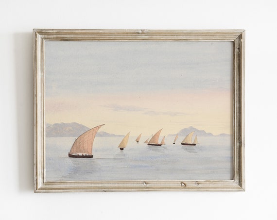 Antique Sailing Print Vintage Ship Painting Pastel Wall Art Nautical Boat Art Print Neutral Seascape Print Sailboat Art