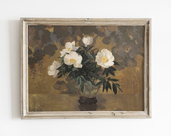 Vintage Gold Peony Floral Art Print, Antique Bouquet