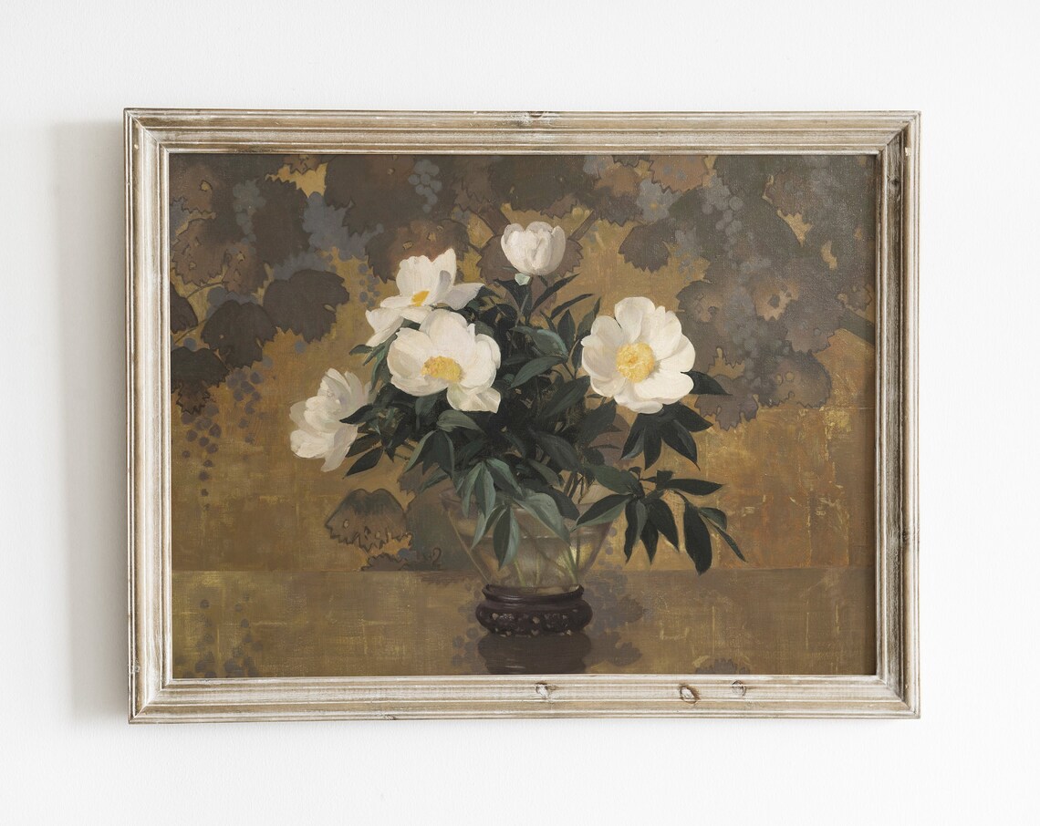 Vintage Gold Peony Floral Art Print, Antique Bouquet