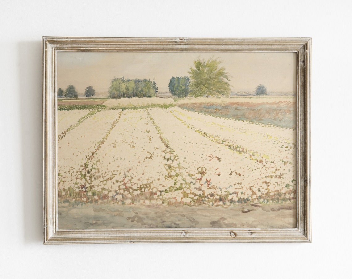 Spring Landscape Painting Pastel Room Decor Vintage Landsape Wall Art Antique Home Decor Country Painting Farmhouse Art Field Painting