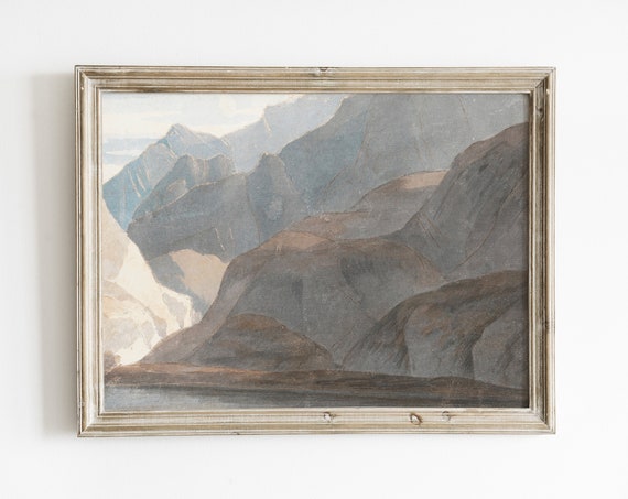 Vintage Mountain Painting Antique Watercolor Landscape Painting Art