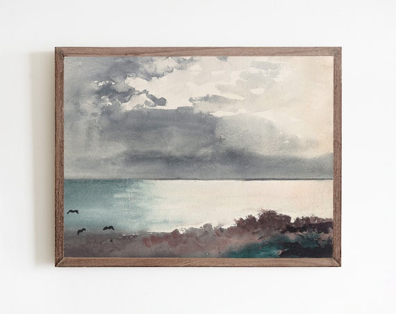 Moody Ocean Print Vintage Beach Art Antique Coastal Painting Watercolor Beach Art Ocean Wall Decor Landscape Art Print