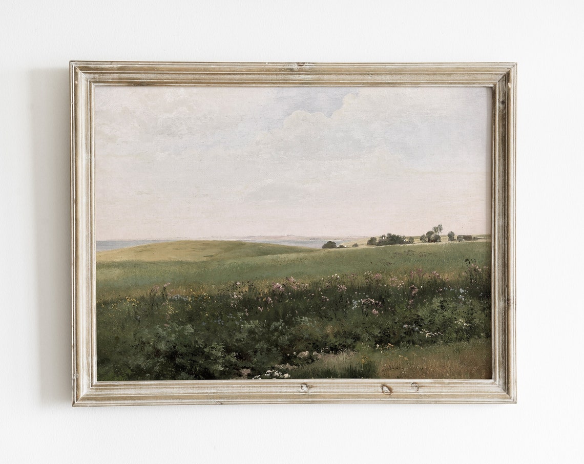 Vintage Meadow Landscape Painting Country Landscape Art Print Oil Painting Vintage French Country Wall Decor Art