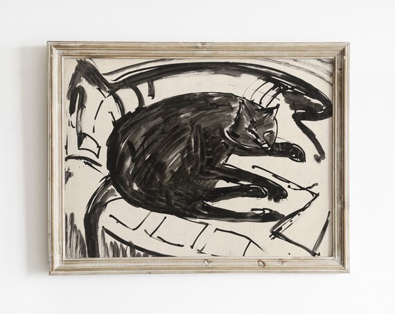 Black Cat Curled on Chair Expressive Ink Brush Painting Art Poster