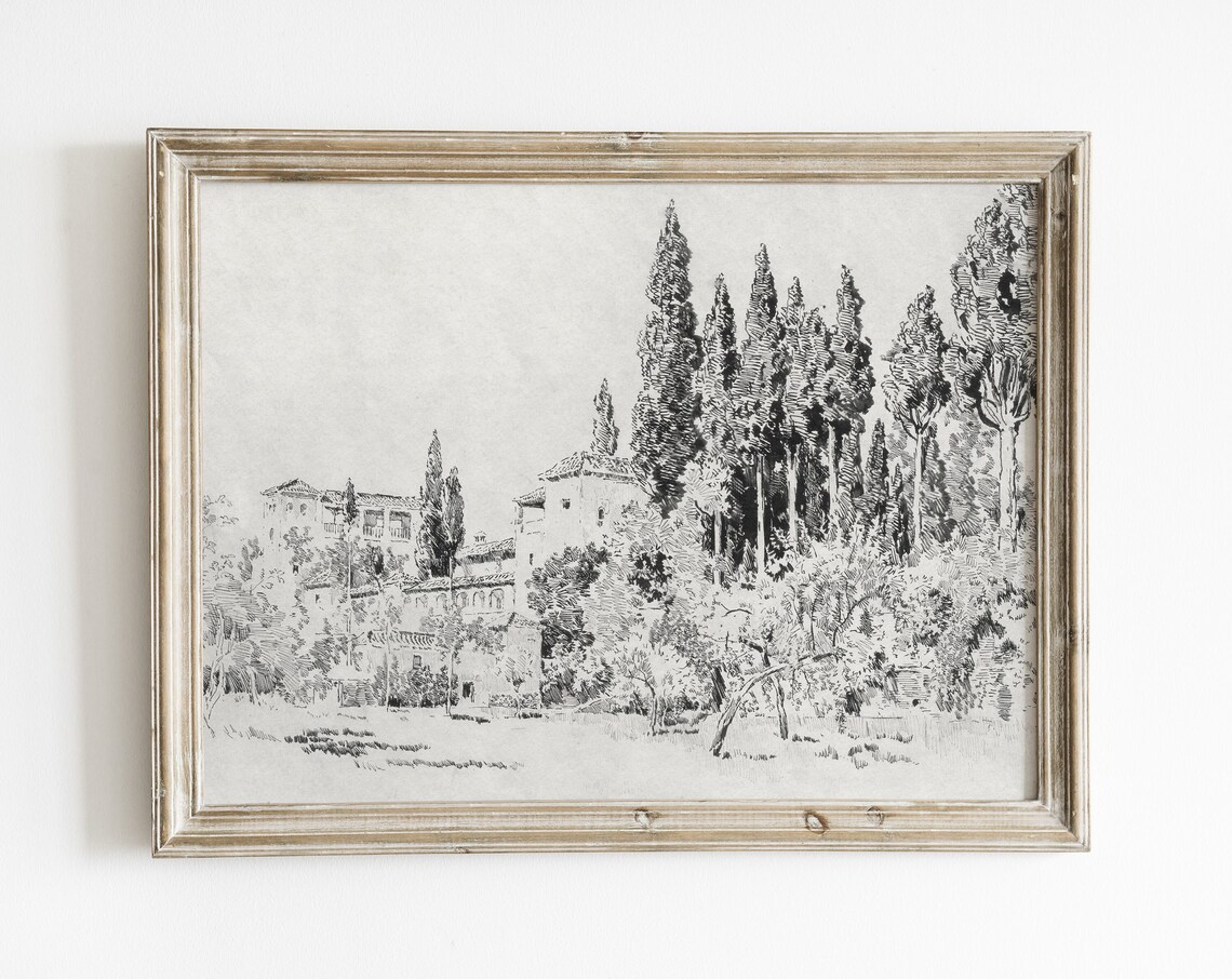 Antique Tuscan Village Sketch, Rustic Art Print