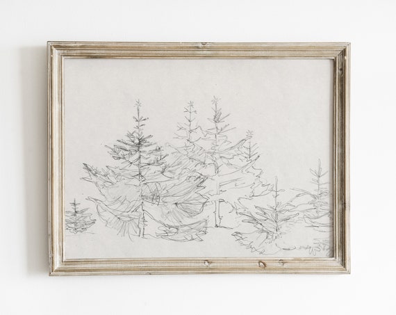 Vintage Tree Sketch, Rustic Winter Landscape Art Print