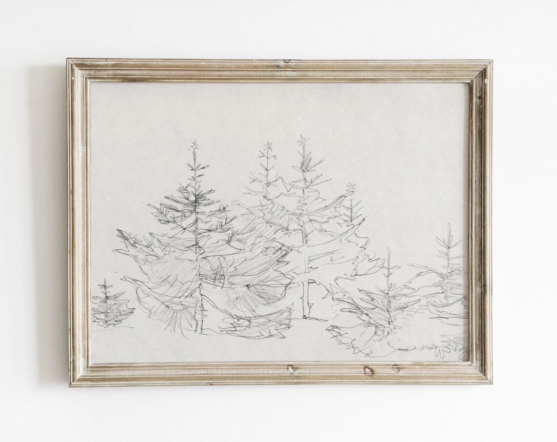 Vintage Tree Sketch, Rustic Winter Landscape Art Print