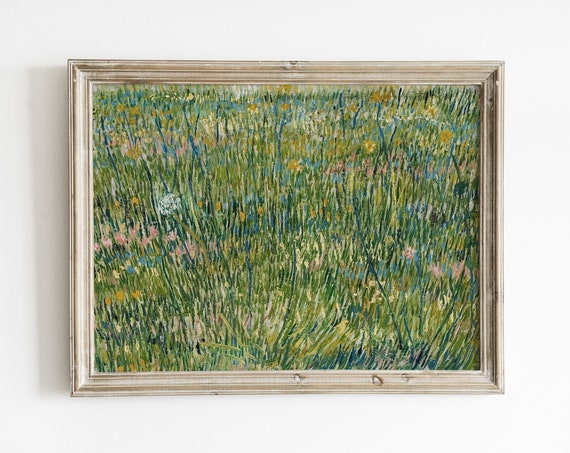 Green Spring Wall Decor Vintage Meadow Painting Bold Floral Print Landscape Art
