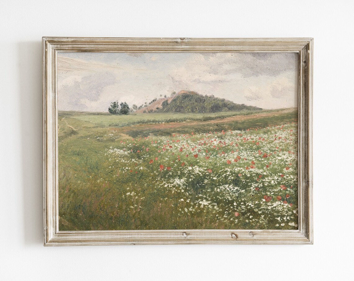 Vintage Meadow Landscape Art Print, Antique Oil Style