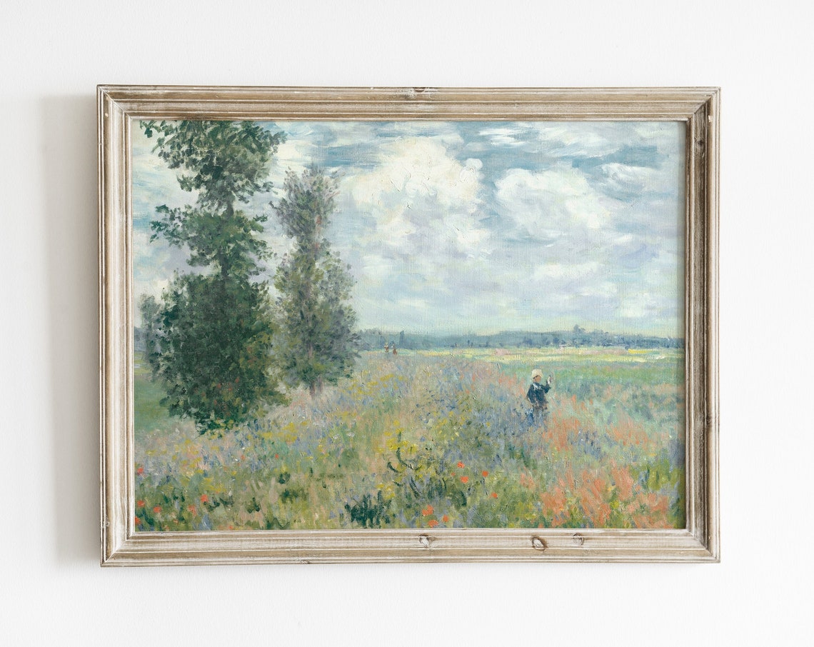 Spring Landscape Painting Flower Art Print Pastel Living Room Art Antique Oil Painting Field Painting Vintage Landscape Print Classic