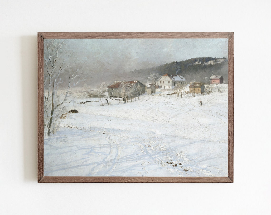 Christmas Village Painting Vintage Winter Prints Winter Landscape Scene Prints Antique Holiday Wall Art Winter Painting Snowy Painting