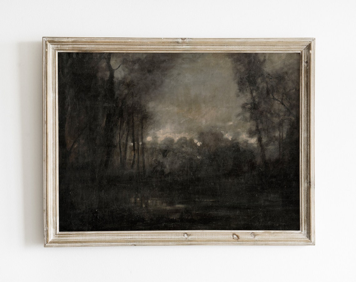 Moody Dark Forest Landscape Painting Vintage Rustic Nature Art Print Art