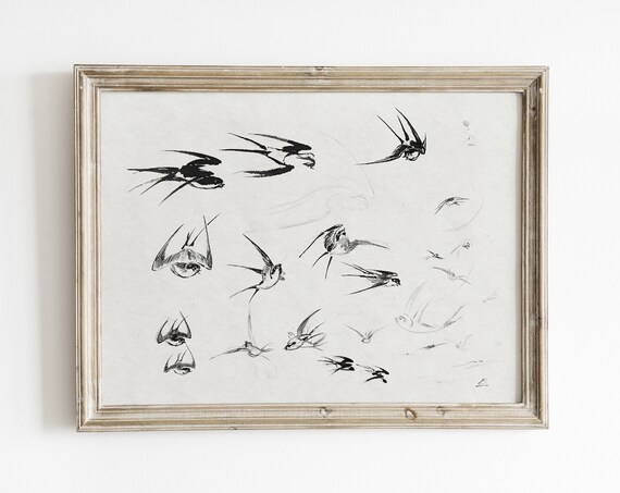 Abstract Bird Sketch Art, Vintage Minimalist Print