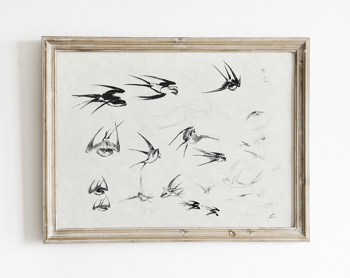 Abstract Bird Sketch Art, Vintage Minimalist Print