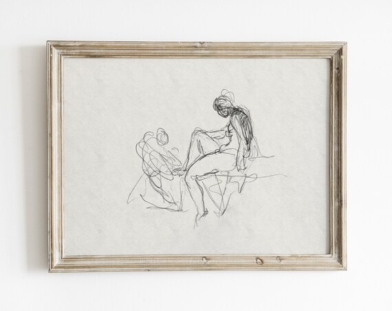 Two Seated Figures Gestural Line Sketch Abstract Minimalist Drawing Poster