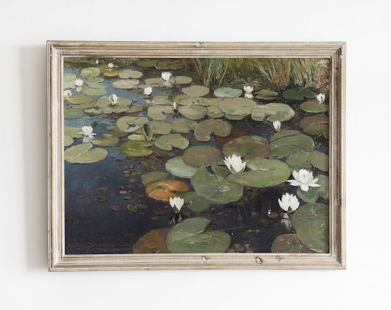 Vintage Lily Pad Pond, French Country Landscape Print