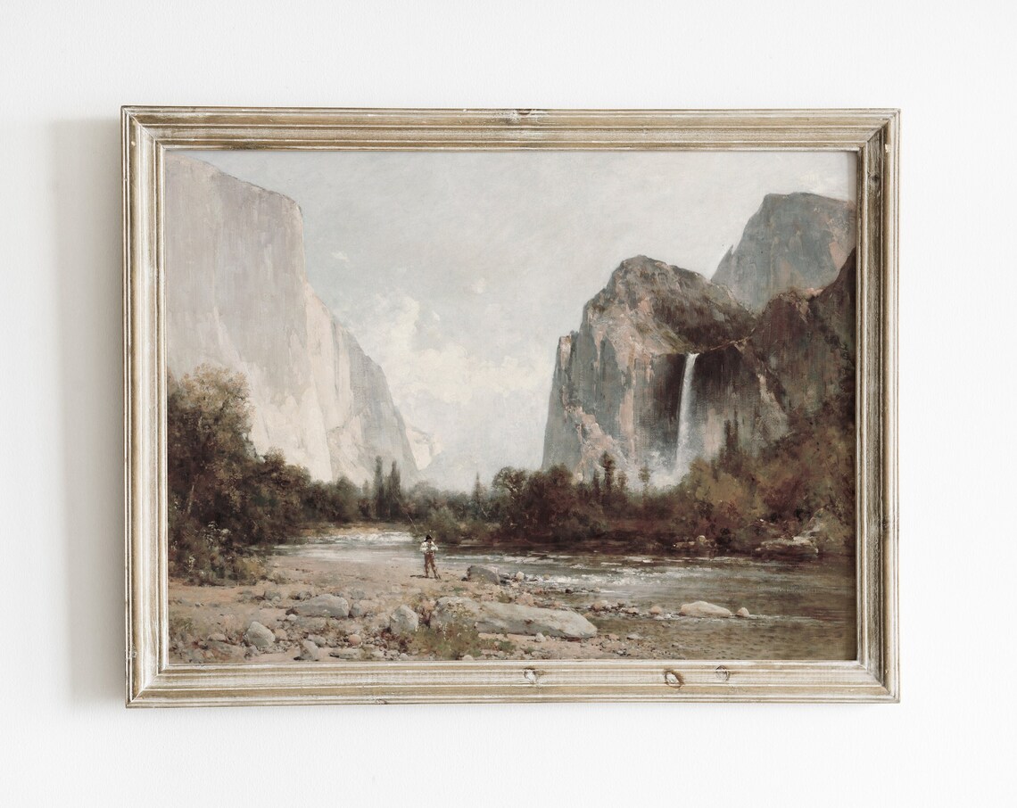 Antique Mountain Landscape Painting, Neutral Scenery