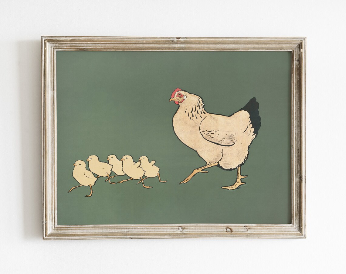 Vintage Chicken Print, Farmhouse Hen and Chicks Art Print