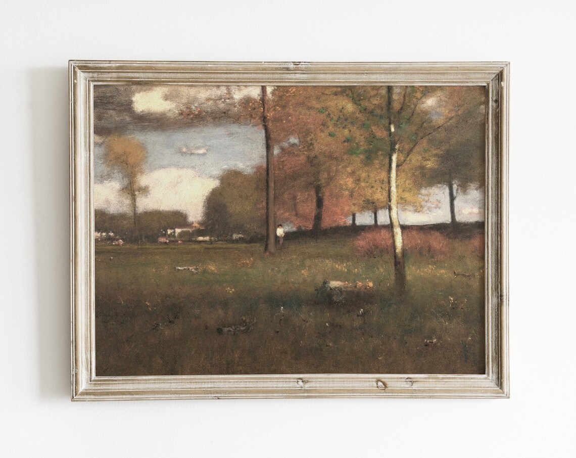 Moody Autumn Landscape Painting, Vintage Rustic Decor