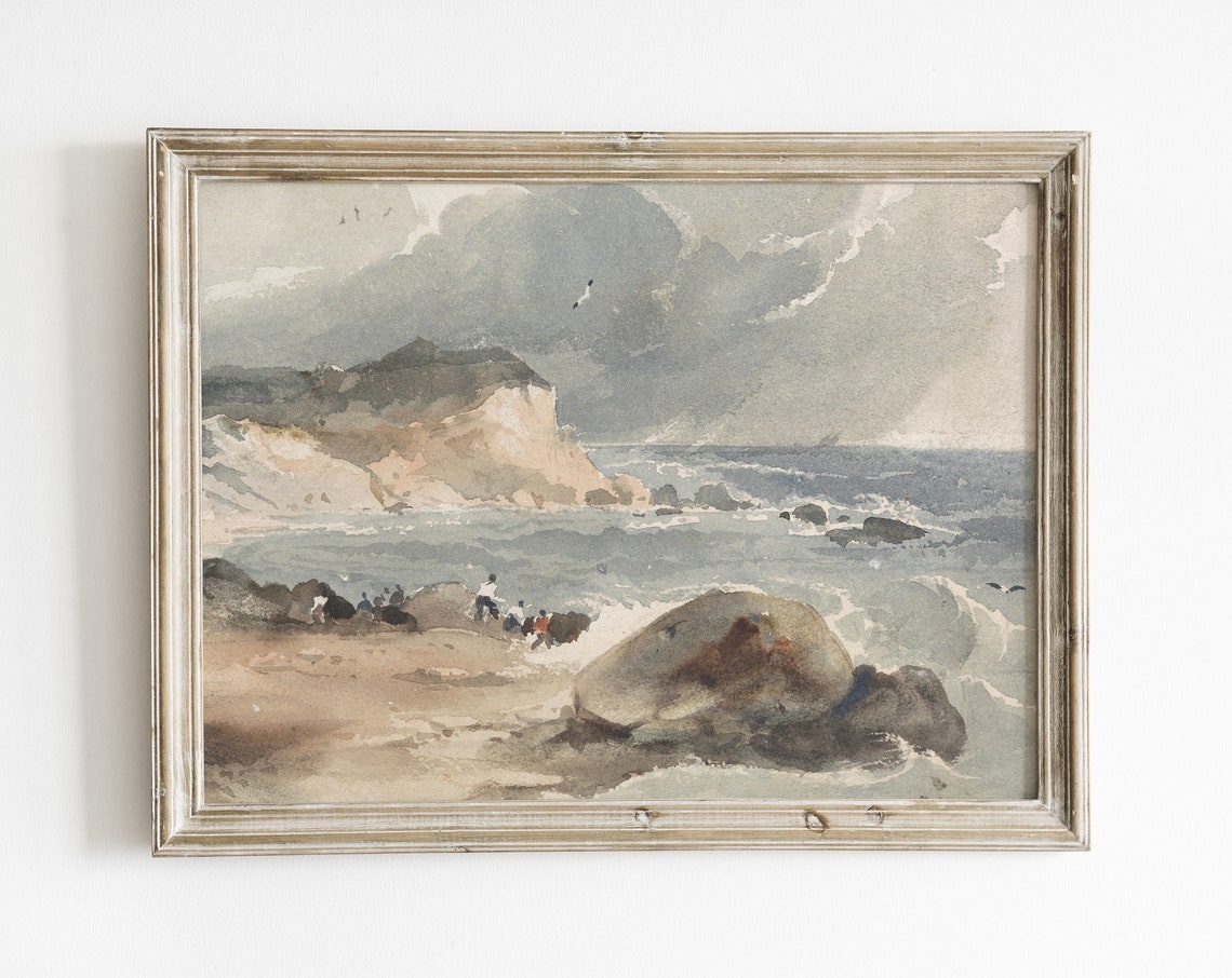 Vintage Neutral Coastal Landscape Wall Art Moody Seascape Painting Art Print