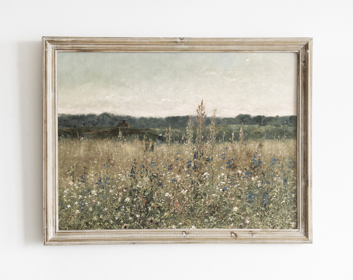 Neutral Vintage Meadow Landscape, French Country Art Print