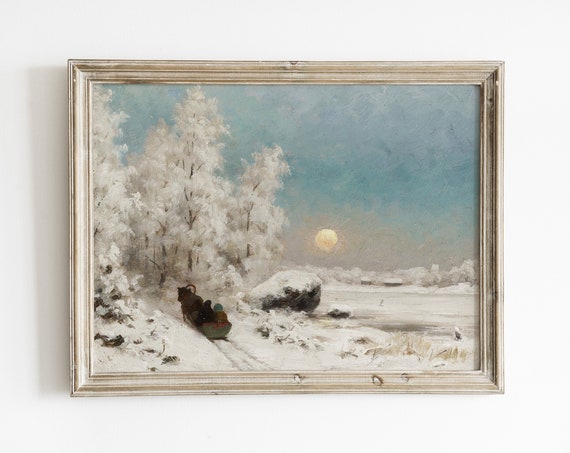 Vintage Winter Sleigh Ride Moody Evening Snow Scene Artwork For Holiday Decor And Cozy Seasonal Wall Art Sleigh Print