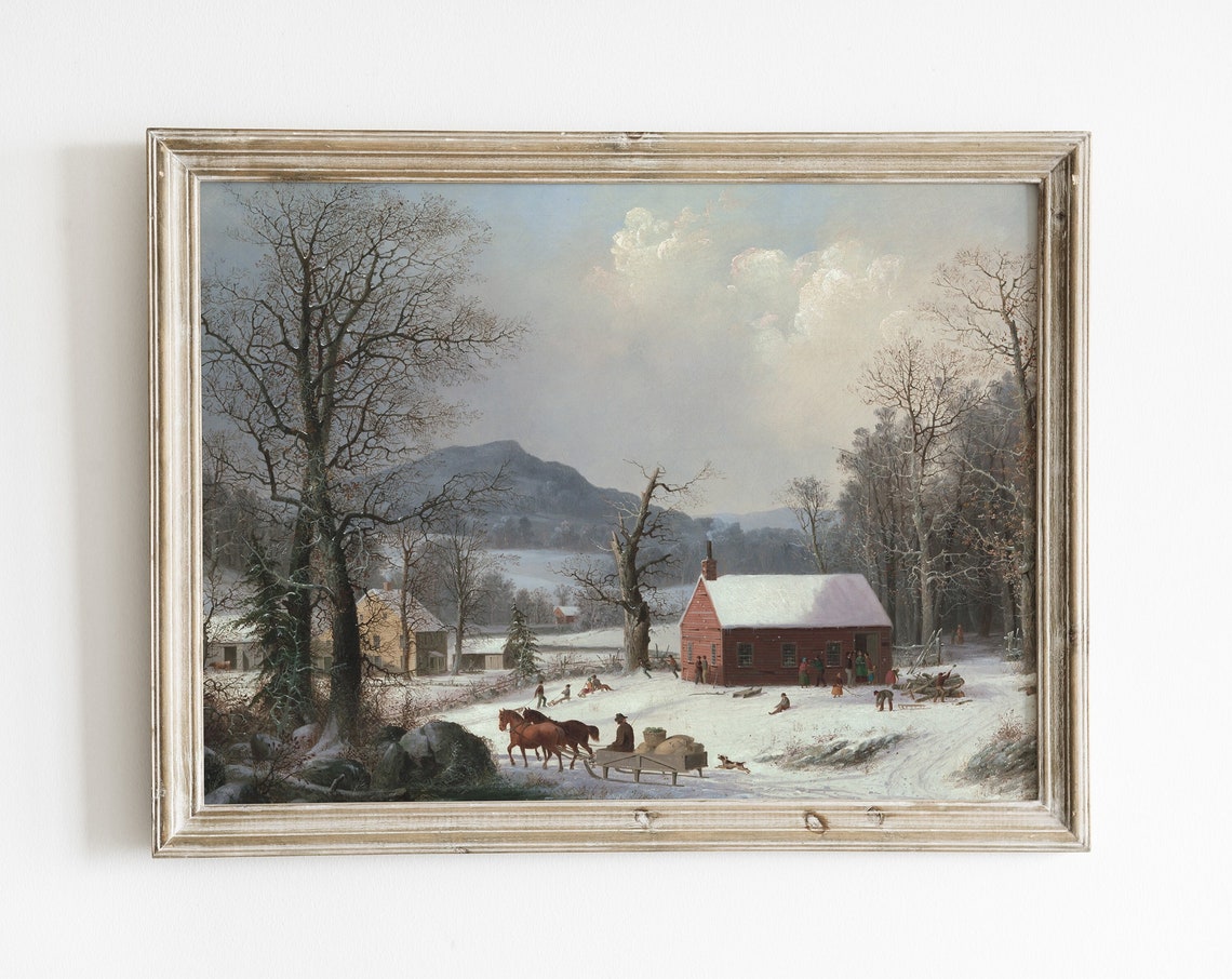 Country Christmas Village Print Vintage Winter Village Country Snowy Landscape Wall Decor Neutral Holiday Winter Art Print