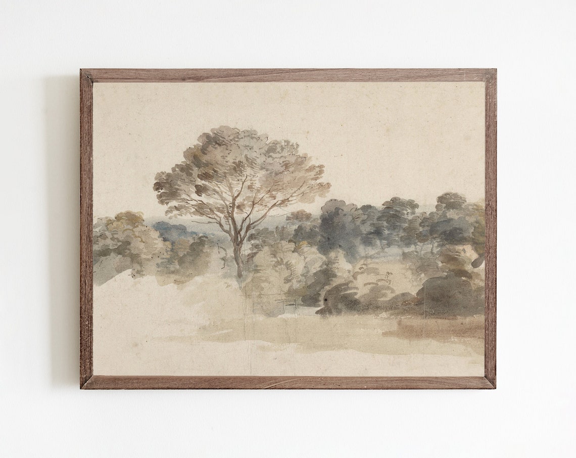 Vintage Tonal Landscape, Farmhouse Forest Art Print