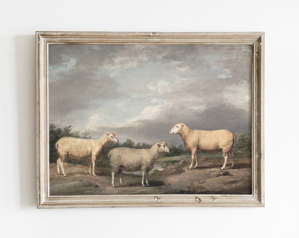 Vintage Sheep Painting Antique Farmhouse Wall Art Print Rustic Painting Farmhouse Print Antique Painting Cottage Decor Art
